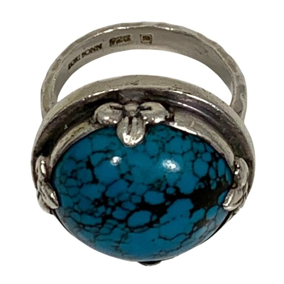 LORI BONN Sterling Silver Floral Framed Turquoise Ring SZ 5.25 Hammered Band - Picture 3 of 9
